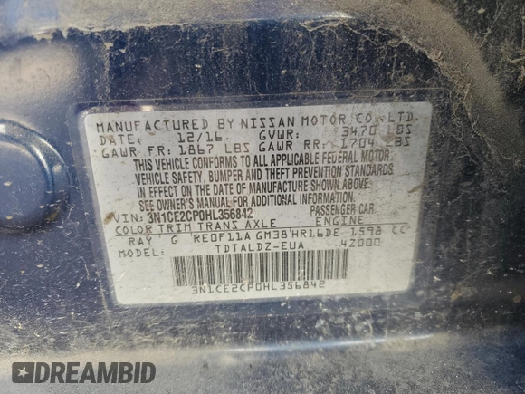 2017 Nissan Note SL with VIN 3N1CE2CP0HL356842, listed as a Copart auction lot 86265924 with 208,861 mi miles and Salvage title. Bid and sale history available at DreamBid. Image 12.
