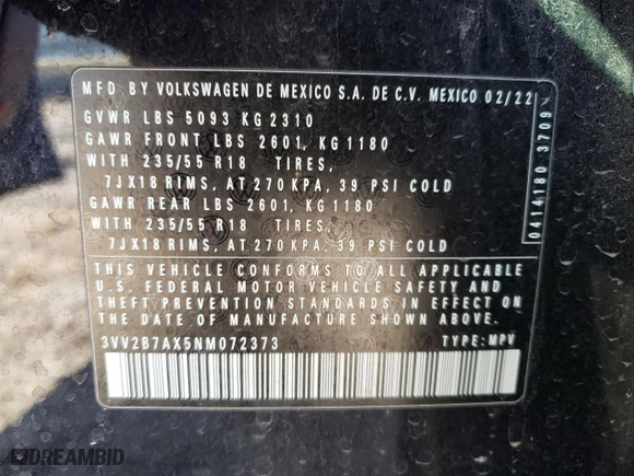 2022 Volkswagen Tiguan SE with VIN 3VV2B7AX5NM072373, listed as a Copart auction lot 45186335 with 48,159 mi miles and Salvage Title. Bid and sale history available at carsss.com. Image 15.