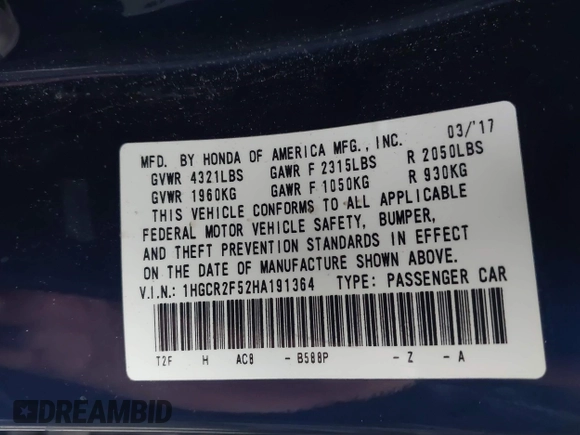 2017 Honda Accord Sedan Sport with VIN 1HGCR2F52HA191364, listed as a IAAI auction lot 41920873 with 162,825 mi miles. Bid and sale history available at carsss.com. Image 9.
