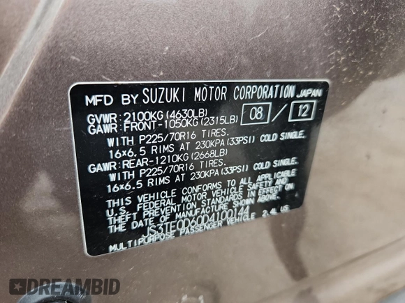 2013 Suzuki Grand Vitara Premium с VIN JS3TE0D60D4100144, выставлен на аукционе Copart как лот 60784875 с пробегом 91 842 миль миль и Списание • Salvage title. История ставок и продаж доступна на DreamBid. Изображение 12.