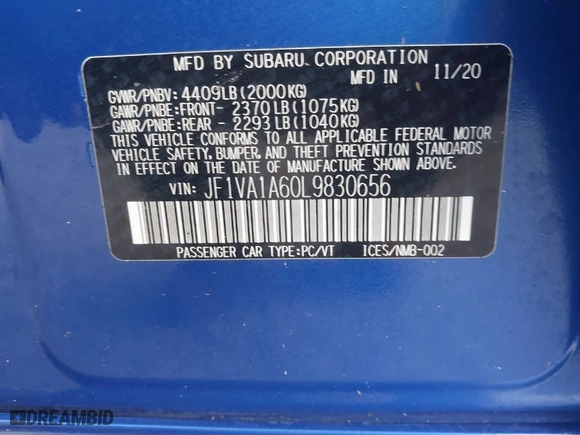 2020 Subaru WRX with VIN JF1VA1A60L9830656, listed as a IAAI auction lot 41626572 with 71,097 mi miles. Bid and sale history available at carsss.com. Image 9.