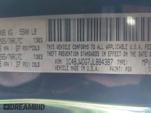 2018 Jeep Wrangler Unlimited Sport S with VIN 1C4BJWDG7JL884387, listed as a IAAI auction lot 41427788 with Not Provided miles and . Bid and sale history available at DreamBid. Image 9.