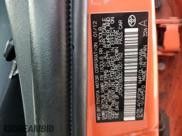 2012 Toyota Prius One z VIN JTDKDTB30C1001752, wystawiony jako Copart lot #50956045 z przebiegiem 186 736 mil mil oraz Szkoda całkowita • Salvage title. Historia ofert i sprzedaży dostępna na DreamBid. Obrazek 14.