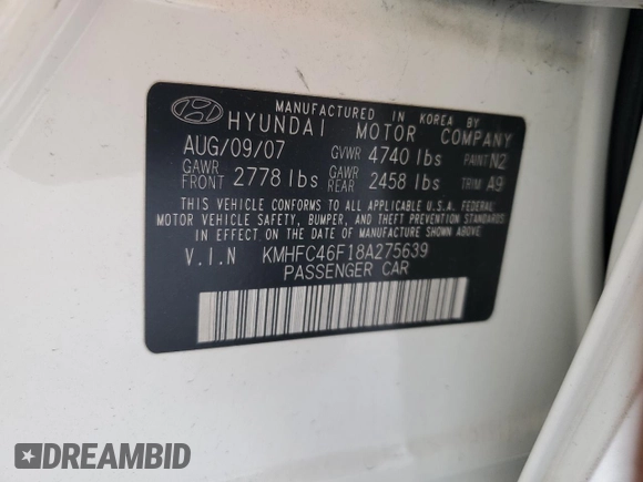 2008 Hyundai Azera Limited with VIN KMHFC46F18A275639, listed as a Copart auction lot 57425425 with 131,118 mi miles and Salvage title. Bid and sale history available at DreamBid. Image 12.