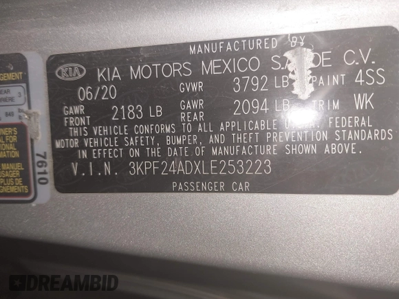 2020 Kia Forte LXS with VIN 3KPF24ADXLE253223, listed as a IAAI auction lot 41865732 with 125,734 mi miles. Bid and sale history available at carsss.com. Image 9.