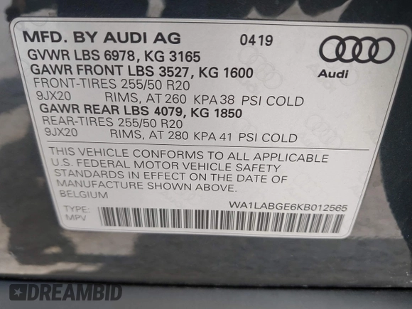 2019 Audi e-tron Premium Plus with VIN WA1LABGE6KB012565, listed as a IAAI auction lot 42220663 with 48,804 mi miles and . Bid and sale history available at DreamBid. Image 9.