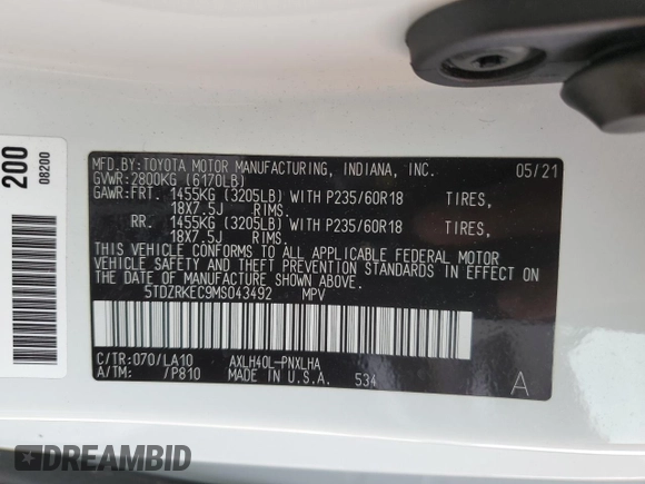 2021 Toyota Sienna Limited with VIN 5TDZRKEC9MS043492, listed as a Copart auction lot 42802965 with 85,190 mi miles and Salvage Title. Bid and sale history available at carsss.com. Image 13.