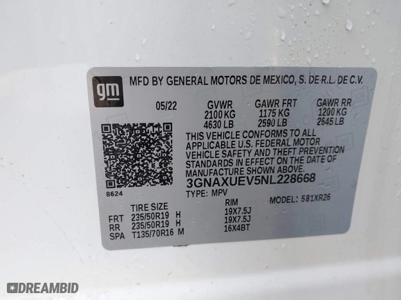 2022 Chevrolet Equinox LT with VIN 3GNAXUEV5NL228668, listed as a IAAI auction lot 41689351 with 24,913 mi miles. Bid and sale history available at carsss.com. Image 9.