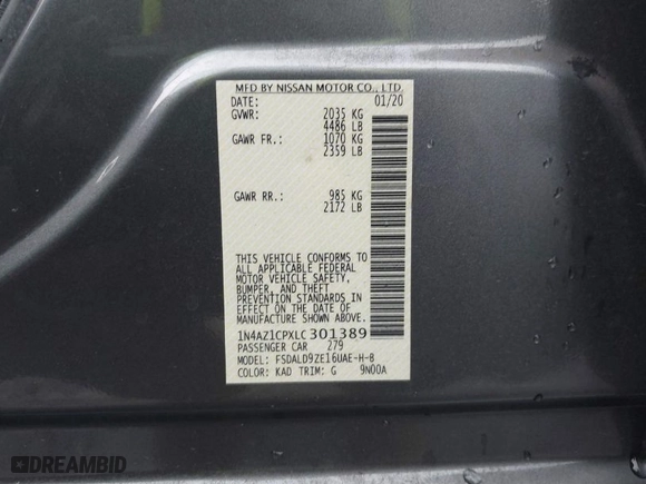 2020 Nissan LEAF SV with VIN 1N4AZ1CPXLC301389, listed as a IAAI auction lot 41249445 with 37,325 mi miles. Bid and sale history available at carsss.com. Image 9.