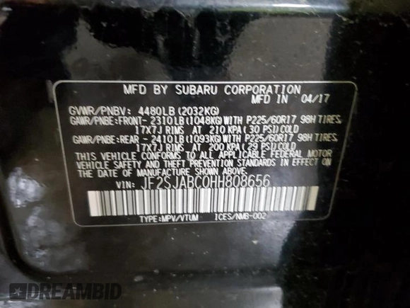 2017 Subaru Forester with VIN JF2SJABC0HH808656, listed as a Copart auction lot 52728685 with 58,764 mi miles and Salvage Title. Bid and sale history available at DreamBid. Image 12.