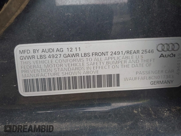 2012 Audi A4 Premium Plus с VIN WAUFFAFL8CN017343, выставлен на аукционе IAAI как лот 42302582 с пробегом 168 386 миль миль и . История ставок и продаж доступна на DreamBid. Изображение 9.