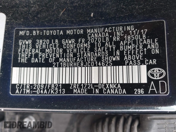 2018 Toyota Corolla L с VIN 2T1BURHE8JC014625, выставлен на аукционе IAAI как лот 42265399 с пробегом 110 296 миль миль и . История ставок и продаж доступна на DreamBid. Изображение 9.