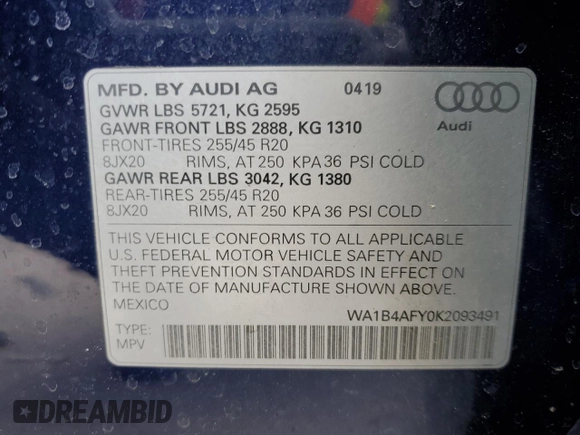 2019 Audi SQ5 Premium Plus with VIN WA1B4AFY0K2093491, listed as a Copart auction lot 86617854 with 39,630 mi miles and Salvage Title. Bid and sale history available at carsss.com. Image 16.