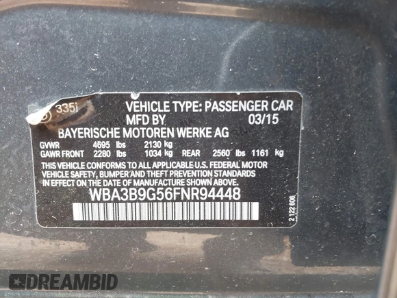 2015 BMW 3 Series 335i xDrive with VIN WBA3B9G56FNR94448, listed as a IAAI auction lot 41948101 with 134,414 mi miles and . Bid and sale history available at carsss.com. Image 9.