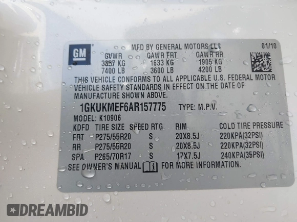 2010 GMC Yukon XL Denali with VIN 1GKUKMEF6AR157775, listed as a IAAI auction lot 41521509 with 201,836 mi miles. Bid and sale history available at carsss.com. Image 9.