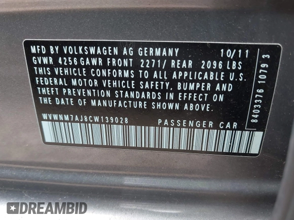 2012 Volkswagen Golf TDI with VIN WVWNM7AJ8CW139028, listed as a IAAI auction lot 42421116 with 60,776 mi miles and . Bid and sale history available at DreamBid. Image 9.