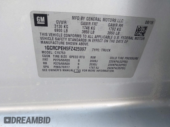 2015 Chevrolet Silverado 1500 LS with VIN 1GCRCPEH5FZ425997, listed as a IAAI auction lot 41994916 with 67,696 mi miles and . Bid and sale history available at DreamBid. Image 9.