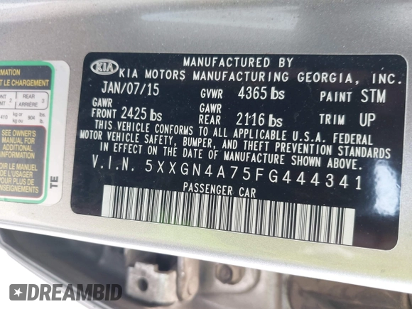 2015 Kia Optima EX with VIN 5XXGN4A75FG444341, listed as a IAAI auction lot 42738557 with 140,714 mi miles and . Bid and sale history available at DreamBid. Image 9.