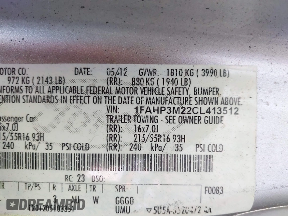 2012 Ford Focus SEL with VIN 1FAHP3M22CL413512, listed as a IAAI auction lot 41758125 with 161,857 mi miles. Bid and sale history available at carsss.com. Image 9.