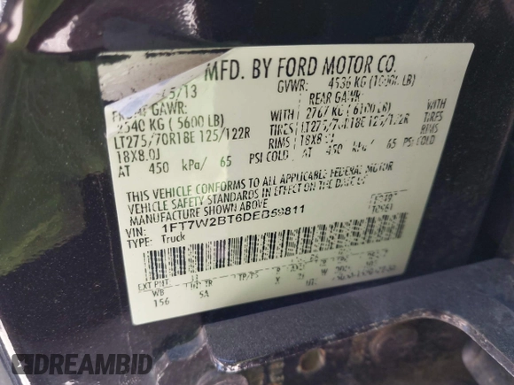 2013 Ford F-250 XL with VIN 1FT7W2BT6DEB59811, listed as a IAAI auction lot 41973603 with 290,010 mi miles and . Bid and sale history available at DreamBid. Image 9.