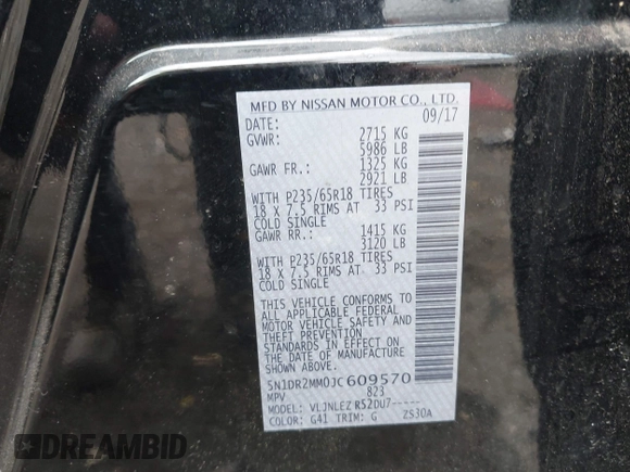 2018 Nissan Pathfinder SV with VIN 5N1DR2MM0JC609570, listed as a IAAI auction lot 42707055 with 136,893 mi miles and . Bid and sale history available at DreamBid. Image 9.