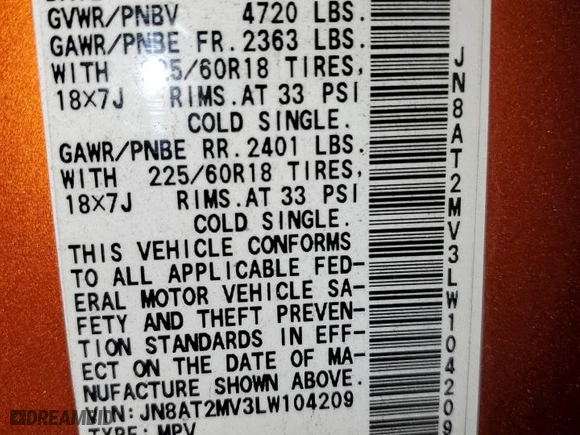 2020 Nissan Rogue SV with VIN JN8AT2MV3LW104209, listed as a Copart auction lot 43309955 with 88,147 mi miles and Salvage Title. Bid and sale history available at carsss.com. Image 16.