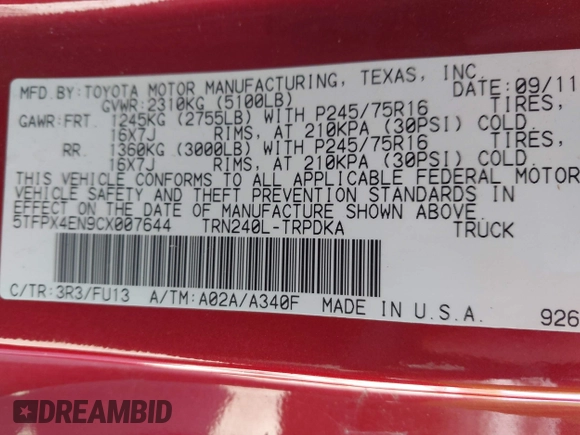 2012 Toyota Tacoma with VIN 5TFPX4EN9CX007644, listed as a IAAI auction lot 42300071 with 175,968 mi miles and . Bid and sale history available at DreamBid. Image 9.
