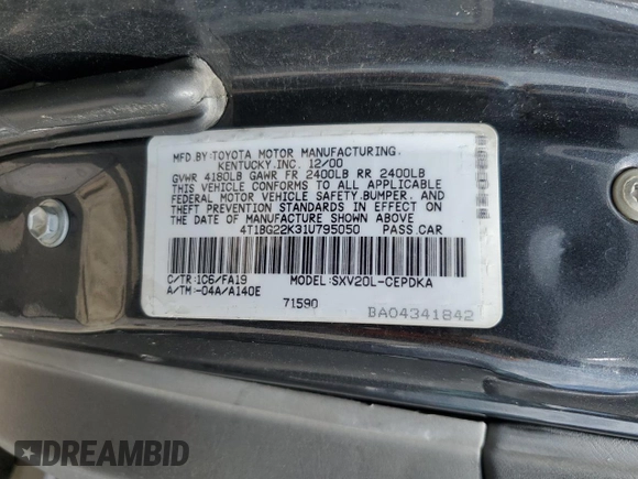 2001 Toyota Camry CE z VIN 4T1BG22K31U795050, wystawiony jako Copart lot #55054025 z przebiegiem 161 228 mil mil oraz Szkoda całkowita • Salvage title. Historia ofert i sprzedaży dostępna na DreamBid. Obrazek 12.