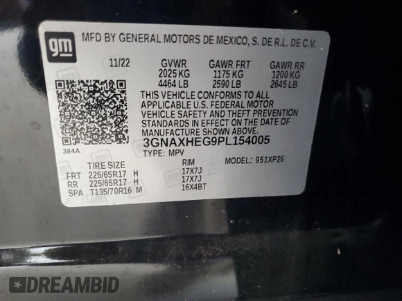 2023 Chevrolet Equinox LS with VIN 3GNAXHEG9PL154005, listed as a Copart auction lot 57805865 with Not provided miles and Salvage title. Bid and sale history available at DreamBid. Image 13.
