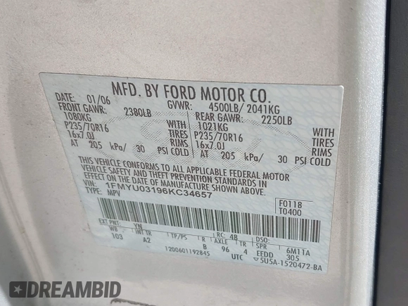 2006 Ford Escape XLT с VIN 1FMYU03196KC34657, выставлен на аукционе IAAI как лот 42207202 с пробегом 235 799 миль миль и . История ставок и продаж доступна на DreamBid. Изображение 9.