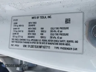 2022 Tesla Model 3 with VIN 5YJ3E1EA1NF167711, listed as a IAAI auction lot 41594266 with 50,554 mi miles and . Bid and sale history available at DreamBid. Image 9.