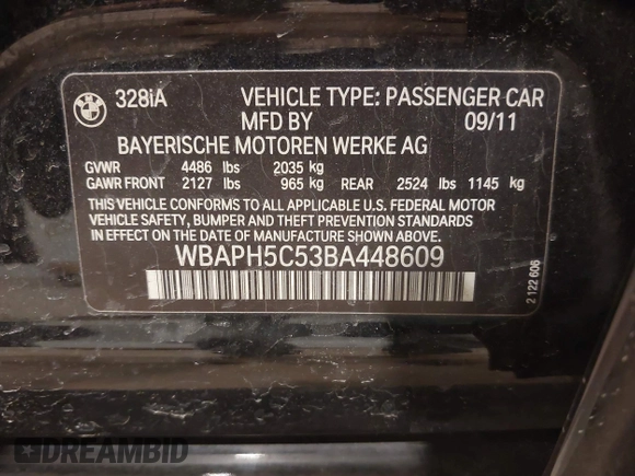 2011 BMW 3 Series 328i with VIN WBAPH5C53BA448609, listed as a IAAI auction lot 41302283 with 150,224 mi miles and . Bid and sale history available at carsss.com. Image 9.