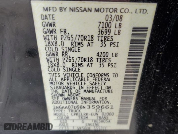 2008 Nissan Titan XE with VIN 1N6AA07D98N359661, listed as a Copart auction lot 43989065 with 171,479 mi miles and Salvage Title. Bid and sale history available at carsss.com. Image 14.