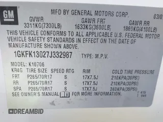 2007 GMC Yukon SLT z VIN 1GKFK13027J332987, wystawiony jako IAAI lot #42265048 z przebiegiem 206 293 mil mil oraz . Historia ofert i sprzedaży dostępna na DreamBid. Obrazek 9.