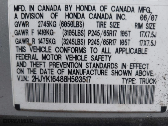 2008 Honda Ridgeline RTS with VIN 2HJYK16488H503517, listed as a IAAI auction lot 41838148 with 173,033 mi miles. Bid and sale history available at carsss.com. Image 9.