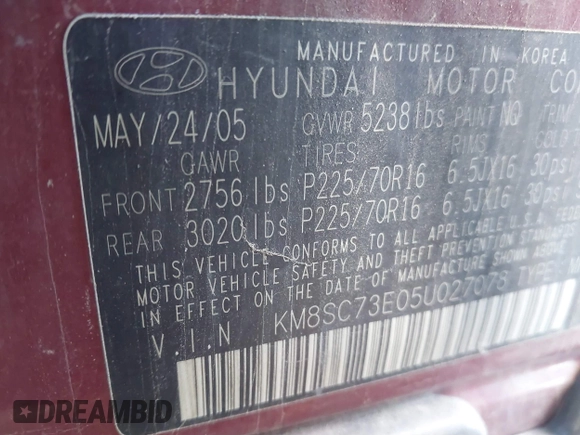2005 Hyundai Santa Fe GLS with VIN KM8SC73E05U027078, listed as a IAAI auction lot 41265050 with 218,841 mi miles. Bid and sale history available at carsss.com. Image 9.