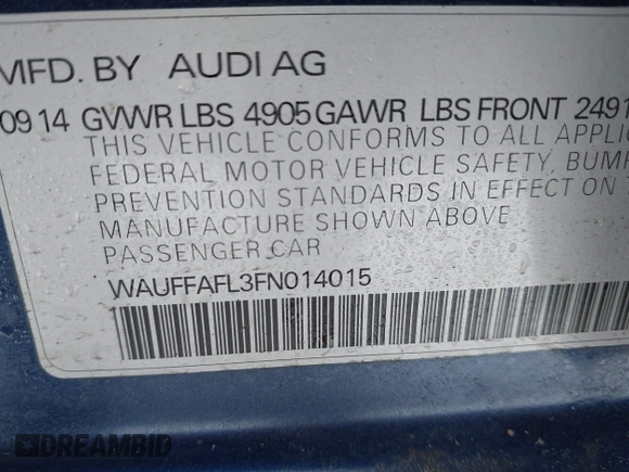2015 Audi A4 Premium Plus with VIN WAUFFAFL3FN014015, listed as a IAAI auction lot 41362315 with 122,887 mi miles. Bid and sale history available at carsss.com. Image 9.