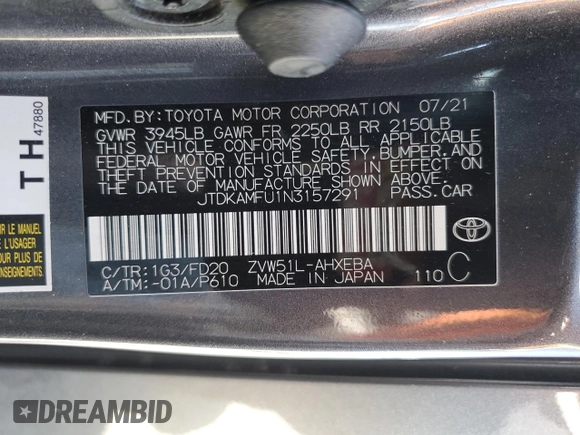 2022 Toyota Prius L Eco z VIN JTDKAMFU1N3157291, wystawiony jako Copart lot #58756485 z przebiegiem 69 737 mil mil oraz Szkoda całkowita • Salvage title. Historia ofert i sprzedaży dostępna na DreamBid. Obrazek 12.