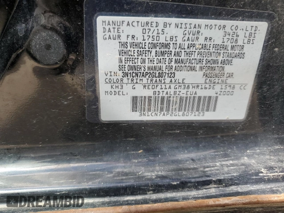 2016 Nissan Versa S with VIN 3N1CN7AP2GL807123, listed as a Copart auction lot 49881414 with 102,151 mi miles and Salvage Title. Bid and sale history available at carsss.com. Image 12.
