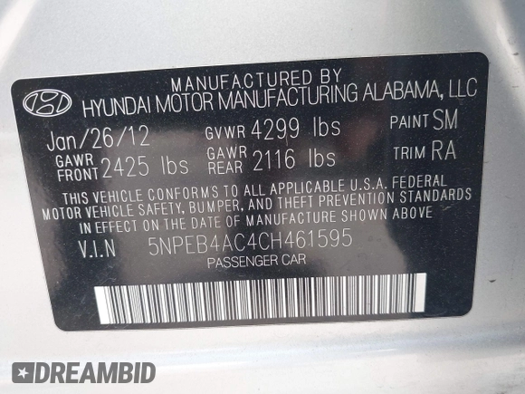 2012 Hyundai Sonata GLS with VIN 5NPEB4AC4CH461595, listed as a IAAI auction lot 42032733 with 125,569 mi miles. Bid and sale history available at carsss.com. Image 9.