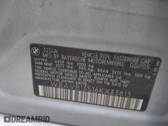 2006 BMW 3 Series 325i z VIN WBAVB13516KX33813, wystawiony jako IAAI lot #42624042 z przebiegiem 191 402 mil mil oraz . Historia ofert i sprzedaży dostępna na DreamBid. Obrazek 9.
