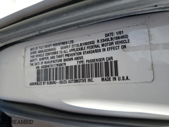 2001 Subaru Legacy Wagon Outback w/RL Equip with VIN 4S3BH675117650678, listed as a Copart auction lot 84107504 with 0 mi miles and Salvage Title. Bid and sale history available at carsss.com. Image 12.
