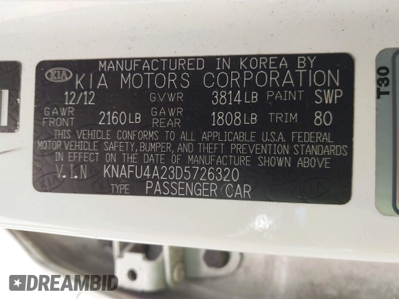 2013 Kia Forte EX with VIN KNAFU4A23D5726320, listed as a IAAI auction lot 42075154 with 160,416 mi miles. Bid and sale history available at carsss.com. Image 9.
