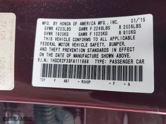 2015 Honda Accord Sedan LX with VIN 1HGCR2F38FA111688, listed as a IAAI auction lot 41725559 with 110,364 mi miles. Bid and sale history available at carsss.com. Image 9.