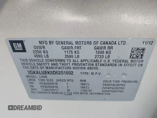 2013 GMC Terrain SLT with VIN 2GKALUEK8D6201692, listed as a IAAI auction lot 41436773 with 108,964 mi miles and . Bid and sale history available at carsss.com. Image 9.