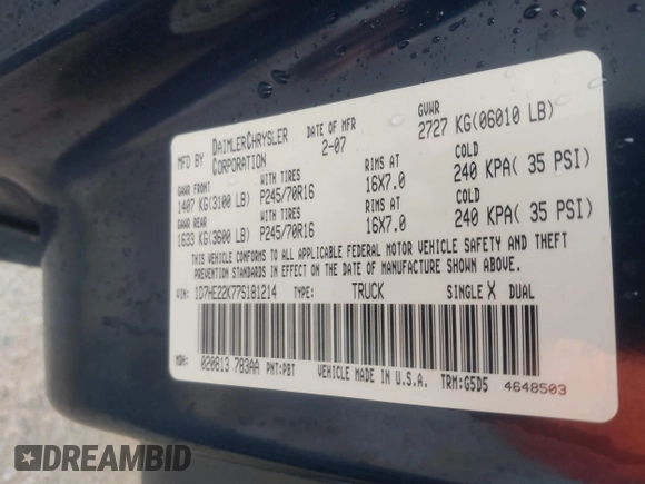 2007 Dodge Dakota ST z VIN 1D7HE22K77S181214, wystawiony jako IAAI lot #41911600 z przebiegiem 156 393 mil mil oraz . Historia ofert i sprzedaży dostępna na DreamBid. Obrazek 9.