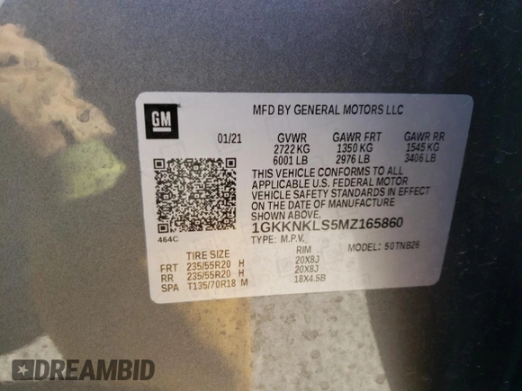2021 GMC Acadia SLE with VIN 1GKKNKLS5MZ165860, listed as a Copart auction lot 84919044 with 36,425 mi miles and Salvage Title. Bid and sale history available at DreamBid. Image 13.