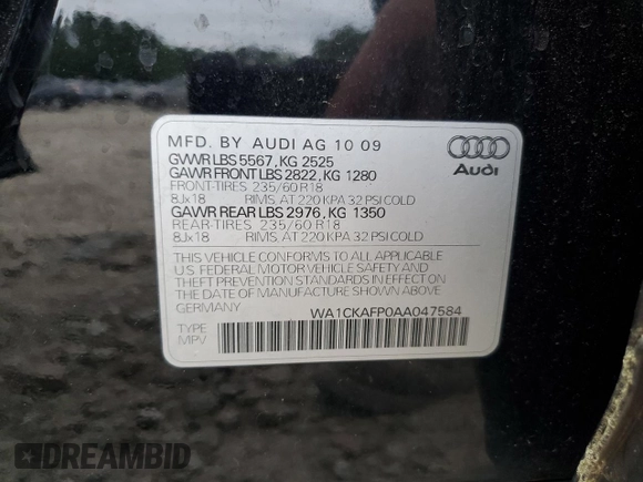 2010 Audi Q5 Premium with VIN WA1CKAFP0AA047584, listed as a Copart auction lot 62495605 with 205,361 mi miles and Clean title. Bid and sale history available at DreamBid. Image 14.
