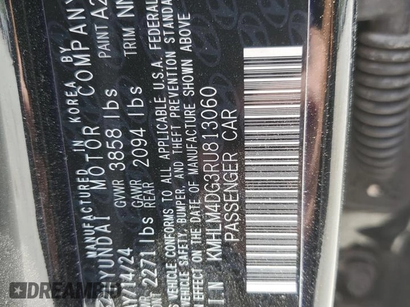 2024 Hyundai Elantra SEL with VIN KMHLM4DG3RU813060, listed as a Copart auction lot 53452295 with 5,625 mi miles and Salvage title. Bid and sale history available at DreamBid. Image 12.