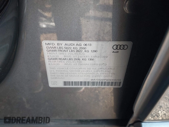 2014 Audi Q5 Premium Plus with VIN WA1DGAFP4EA004233, listed as a IAAI auction lot 41232286 with 85,785 mi miles and . Bid and sale history available at DreamBid. Image 9.